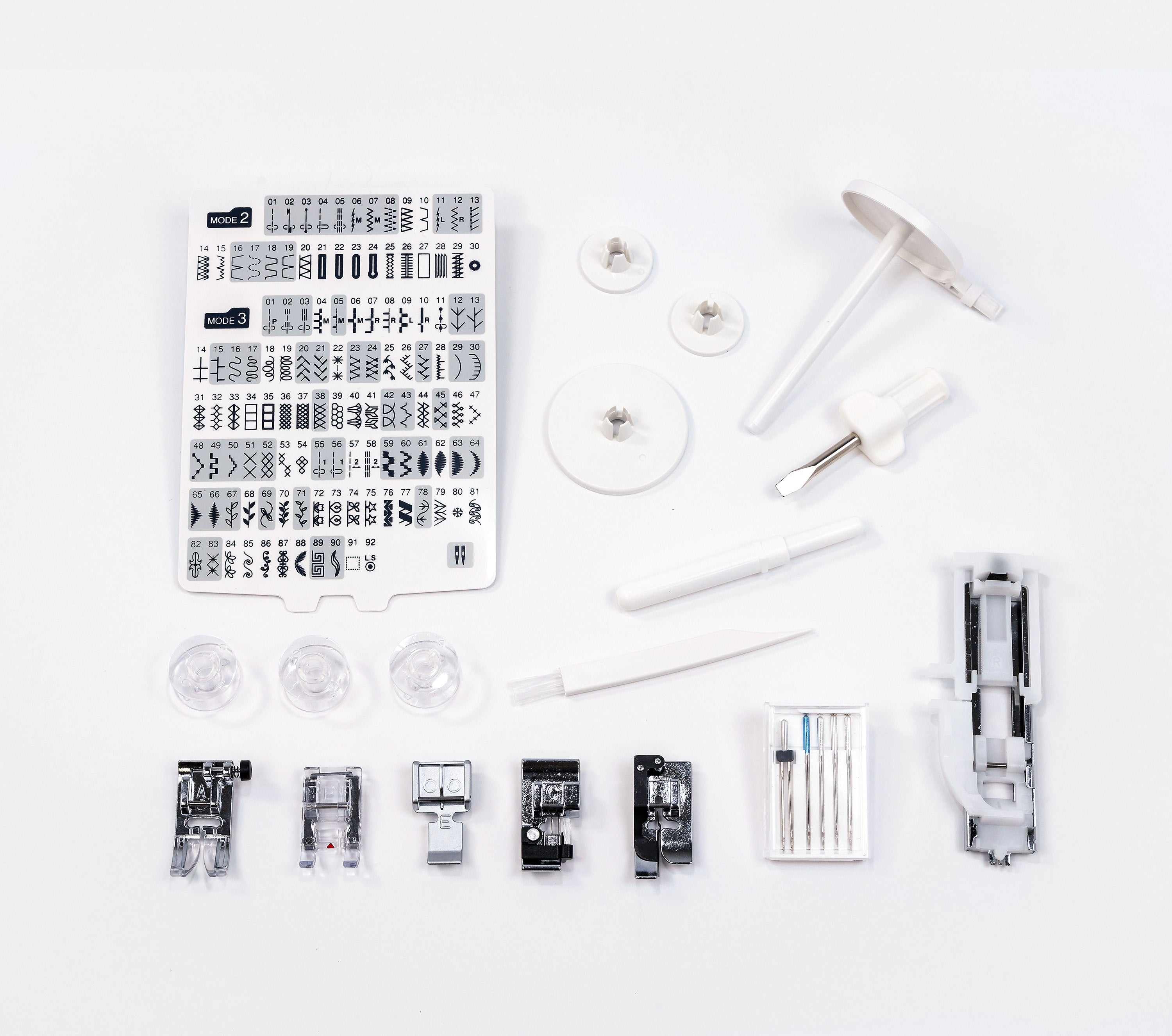 Accessoires de la machine à coudre Janome 4120QDC, comprenant divers pieds-de-biche, aiguilles et une carte de sélection des points.