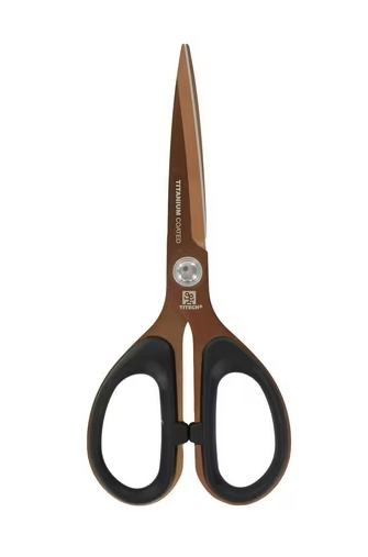 Ciseaux TITECH Pro 15 cm avec poignées ergonomiques noires et lames plaquées en titane pour des découpes précises.