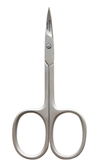 Ciseaux de broderie incurvés Husqvarna Viking 3,5 pouces en acier inoxydable, avec poignées ergonomiques et pointe fine.