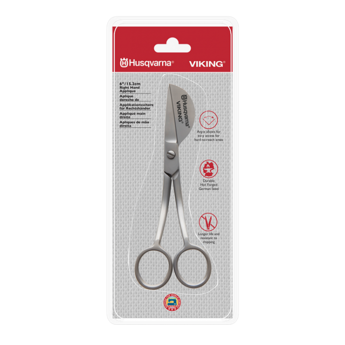 Ciseaux pour appliqués Husqvarna Viking 6 pouces en acier inoxydable, avec une lame incurvée pour une découpe précise des tissus appliqués.