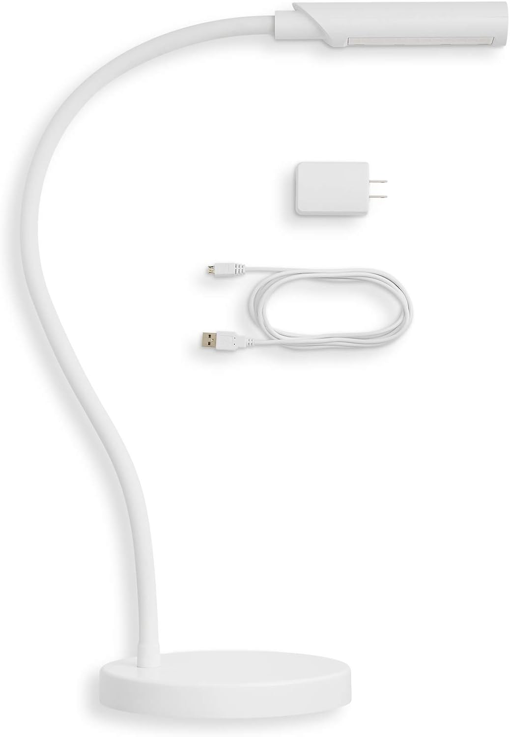 Contenu de l'emballage de la lampe Reliable UberLight Flex 4100TL, comprenant le col de cygne, une base stable, un adaptateur et un câble USB.