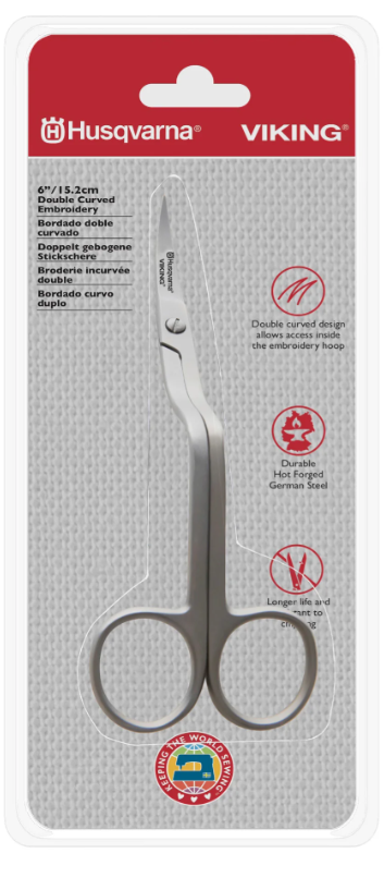 Emballage des ciseaux de broderie à double courbure Husqvarna Viking 6 pouces, avec détails sur leur conception durable et en acier allemand.