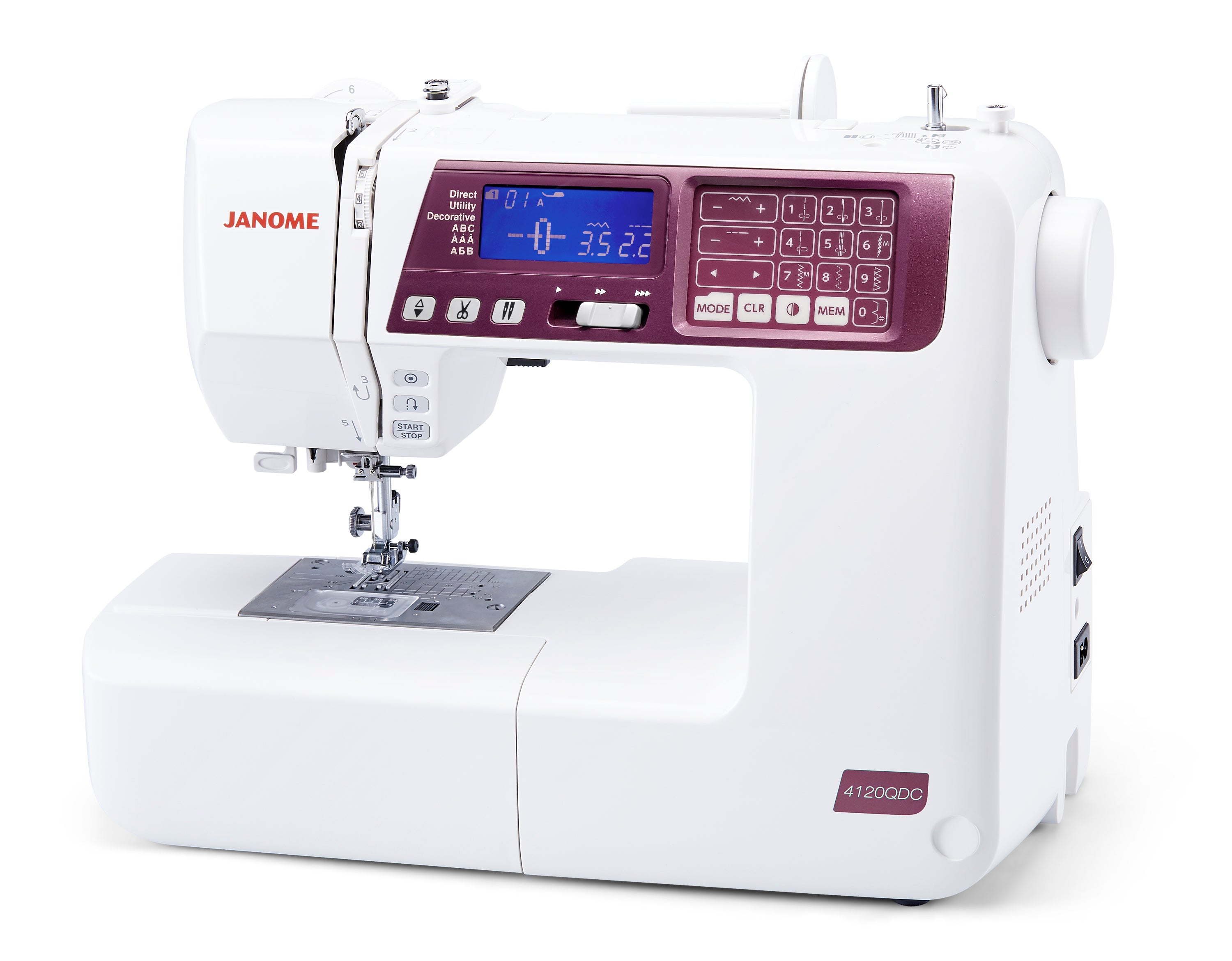 Machine à coudre Janome 4120QDC avec affichage LED lumineux et commandes simplifiées pour un usage intuitif.