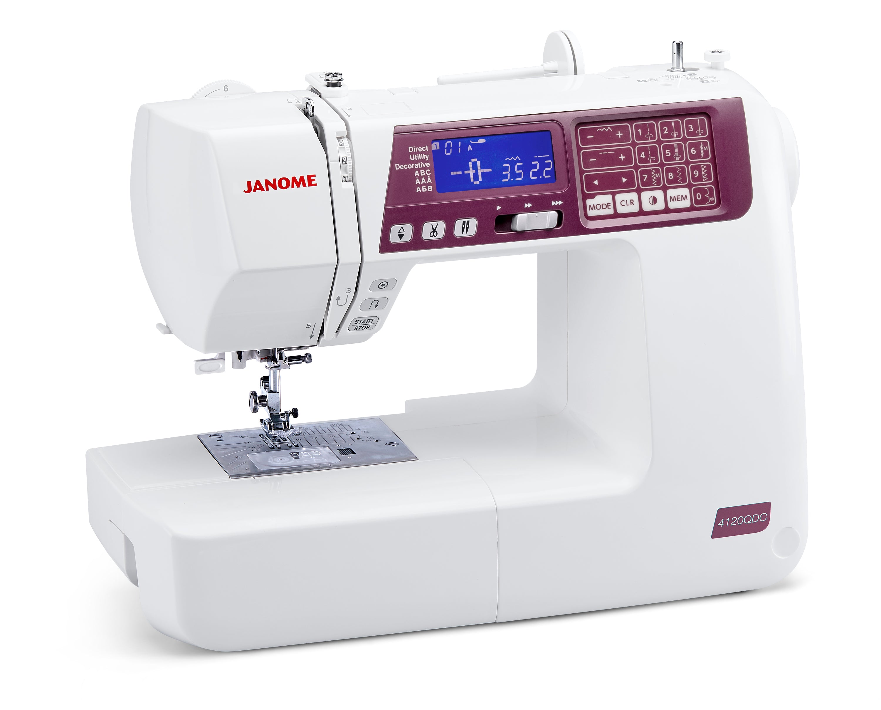 Machine à coudre Janome 4120QDC avec écran numérique et nombreuses options de points décoratifs.
