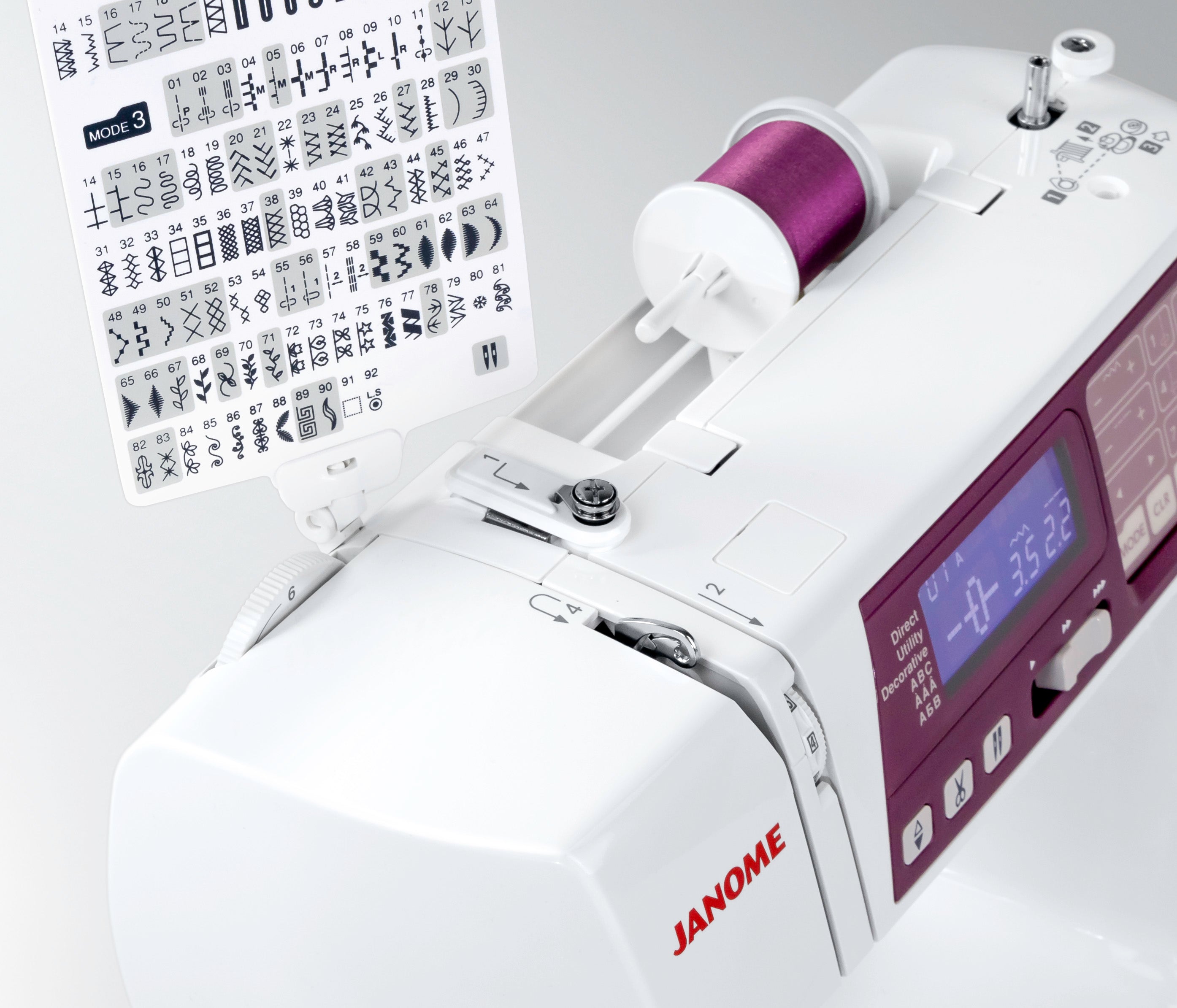 Machine à coudre Janome 4120QDC avec panneau de sélection des points intégré, affichant une grande variété de motifs.