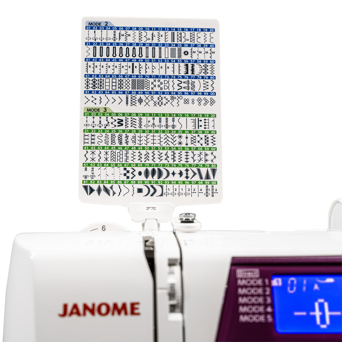 Machine à coudre Janome 5300 QDC-G avec carte de sélection des points intégrée, offrant une large variété de motifs de couture.