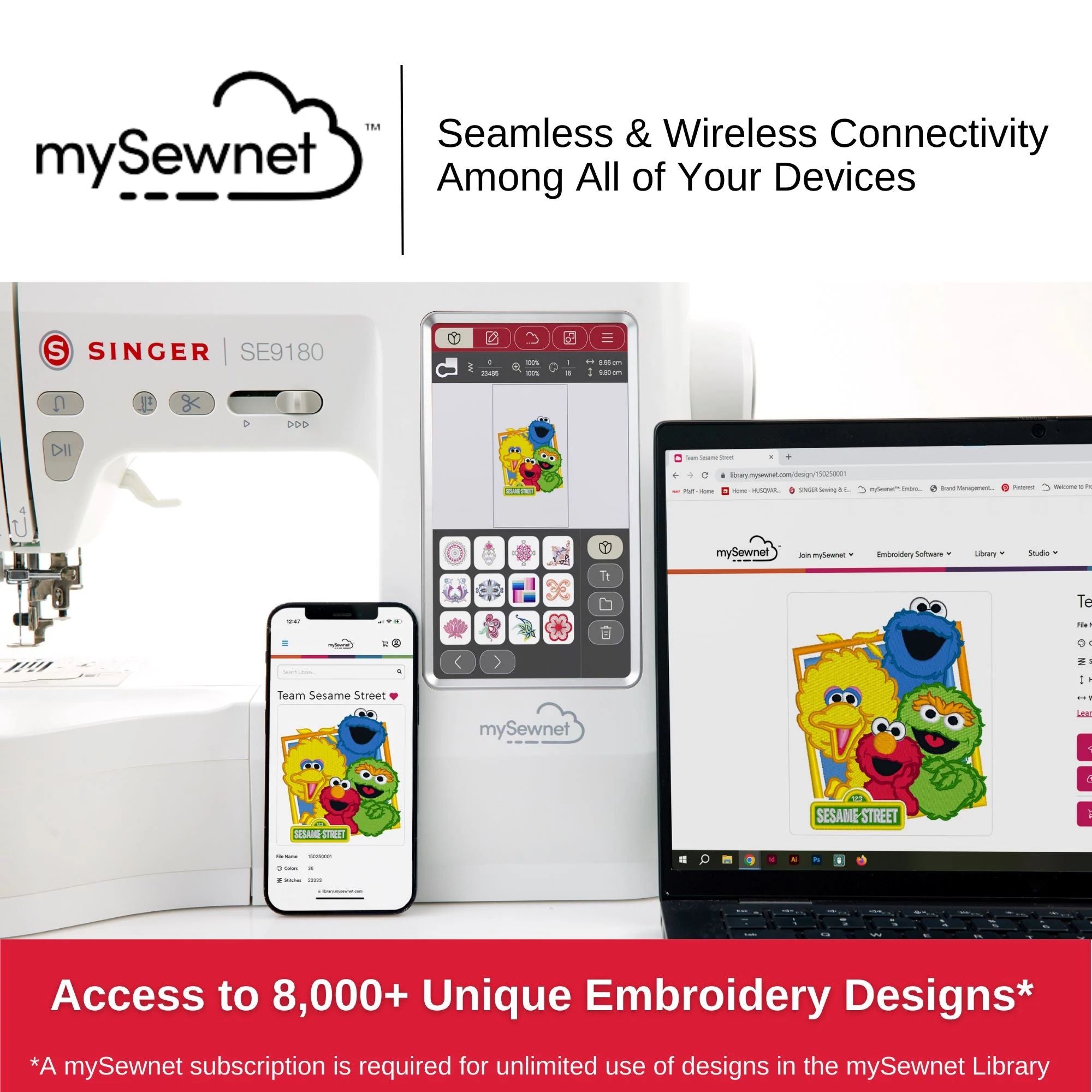 Machine à coudre SINGER SE9180 – Connectivité mySewnet montrant la synchronisation sans fil entre la machine, un smartphone et un ordinateur pour accéder à plus de 8 000 motifs de broderie.
