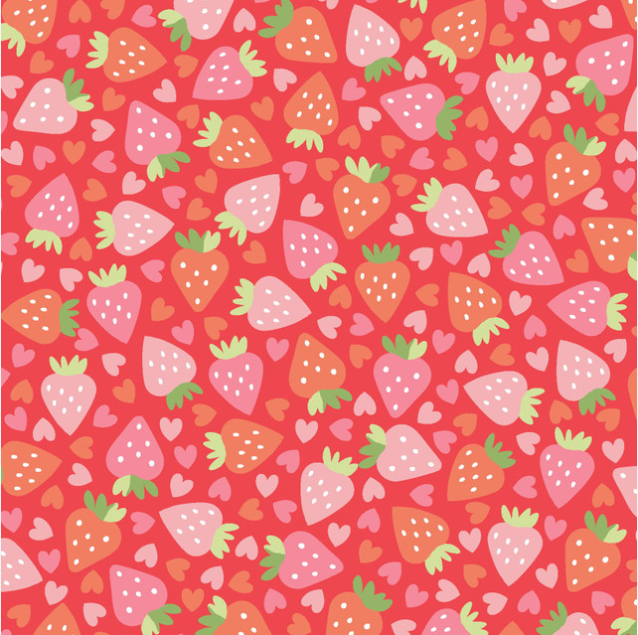 Kimberbell tissus Sweet Shoppe Fraises et coeurs fond rouge