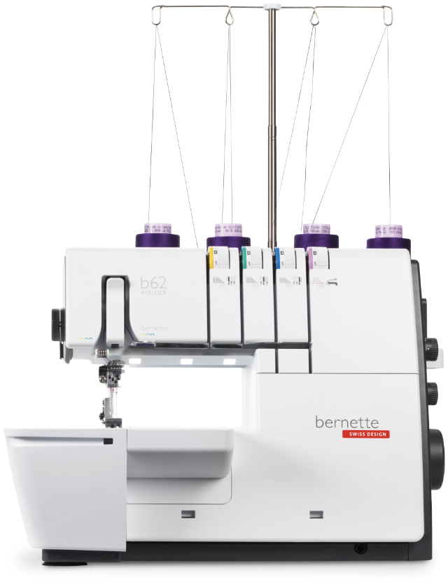 Surjeteuse Bernette B62 Airlock – Surjeteuse haut de gamme avec système d'enfilage à air, offrant des finitions professionnelles et une couture rapide sur divers types de tissus.