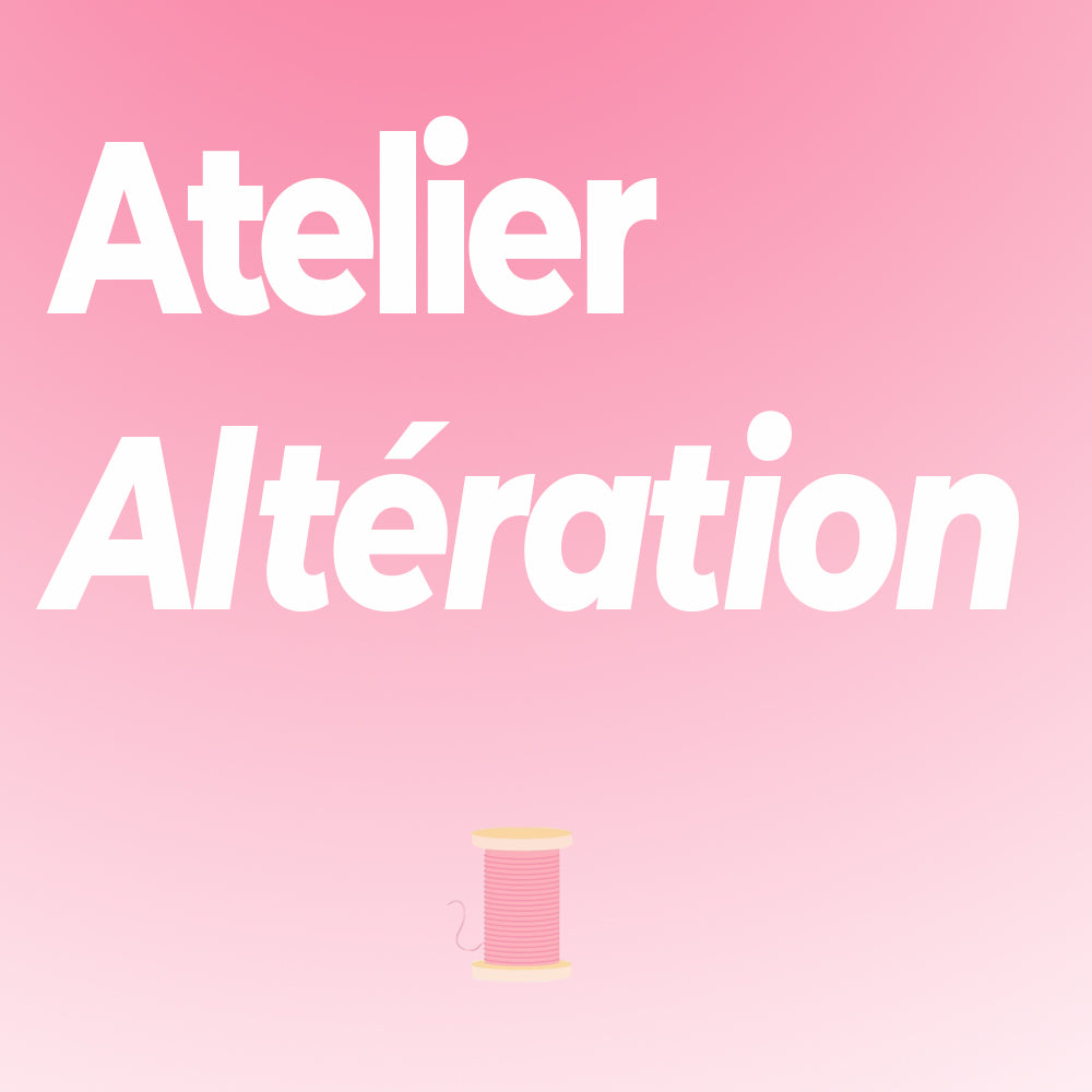 Encadré rose avec mention "Atelier altération"pour annoncer un cours de couture