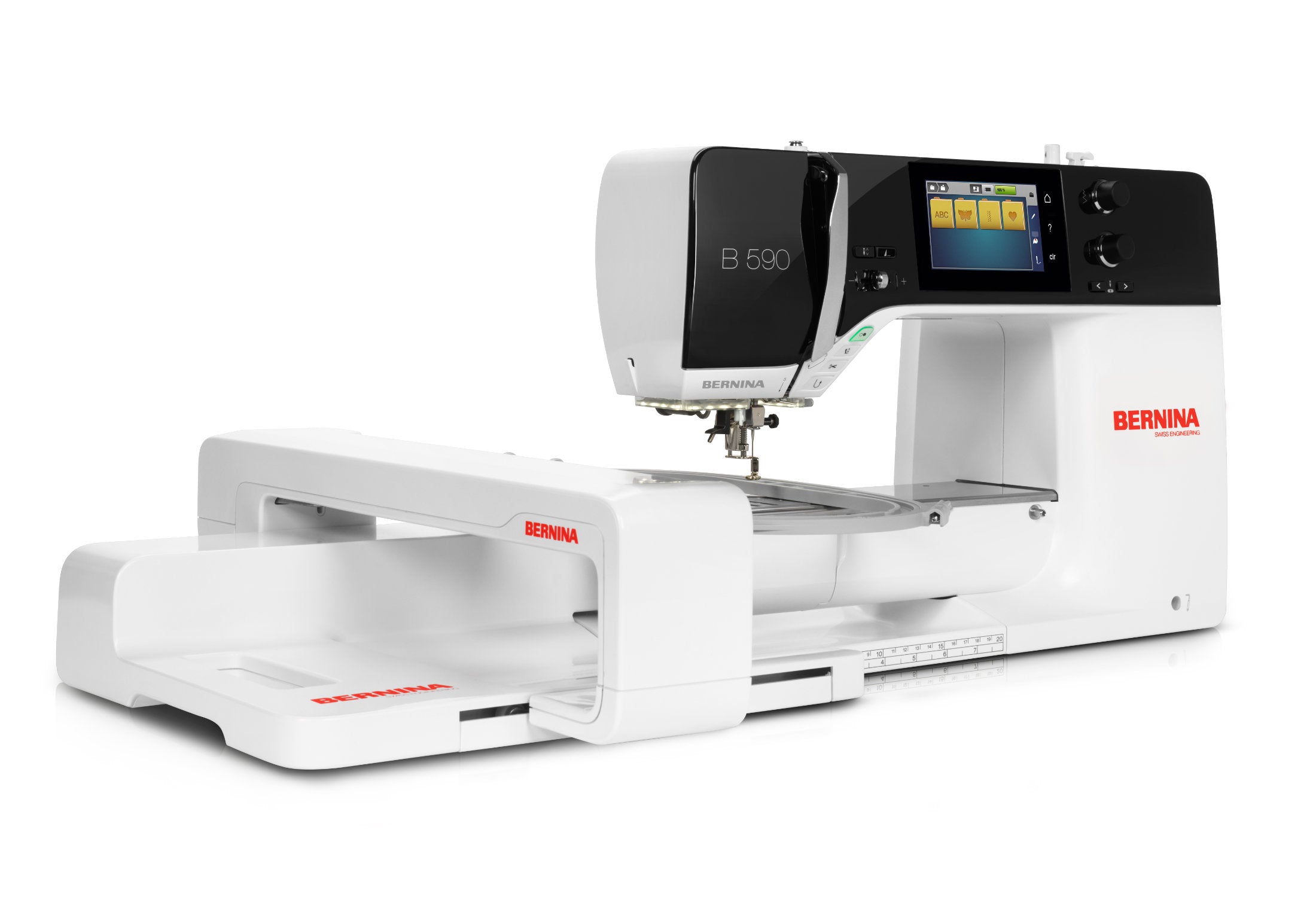 Machine à coudre Bernina 590 E – Machine à coudre, quilter et broder électronique avec module de broderie, écran tactile et fonctionnalités avancées pour une couture et une broderie de haute précision.