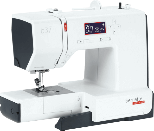 Machine à coudre électronique Bernette 37 – Vue latérale – Présentation du côté de la machine, mettant en avant son design ergonomique et ses fonctionnalités électroniques avancées.