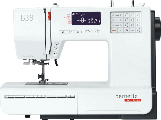 Machine à coudre électronique Bernette 38 – Machine à coudre avancée avec écran numérique et nombreuses options de points, idéale pour une couture précise et variée.