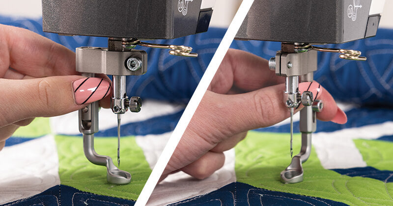 Machine à quilter Grace Q'nique 19X Elite en plan rapproché sur le pied de biche, avec une main ajustant sa hauteur pour une couture parfaite sur un motif en quilting.