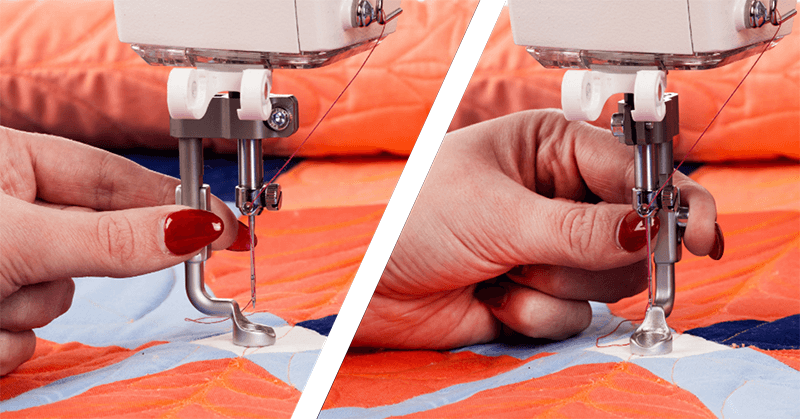 Machine à quilter Q'nique 21X Elite en gros plan sur le pied de biche et l'aiguille, avec une main ajustant la position du pied pour un quilting précis sur un tissu coloré.