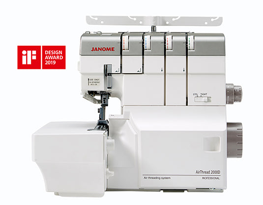 Surjeteuse Janome AirThread 2000D – Surjeteuse professionnelle avec système d'enfilage à air, conçue pour des finitions impeccables et une couture rapide sur tous types de tissus.