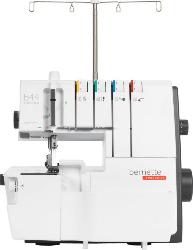 Surjeteuse Bernette 44 Funlock – Surjeteuse à 4 fils avec enfilage simplifié, idéale pour des finitions professionnelles sur tous types de tissus.