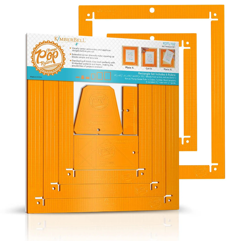 Ensemble de règles rectangulaires Orange Pop de Kimberbell, avec emballage visible. Trois cadres de différentes tailles et plusieurs gabarits, y compris un gabarit pour blocs Flying Geese et un bloc Tumbler, sont inclus dans l’ensemble.