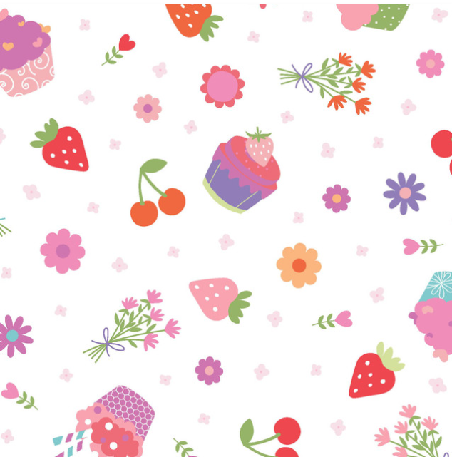 Kimberbell tissus Sweet Shoppe Petits gâteaux fond blanc