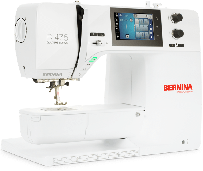Machine à coudre Bernina 475 QE avec écran tactile couleur et bras libre, idéale pour le quilting et la couture de précision.