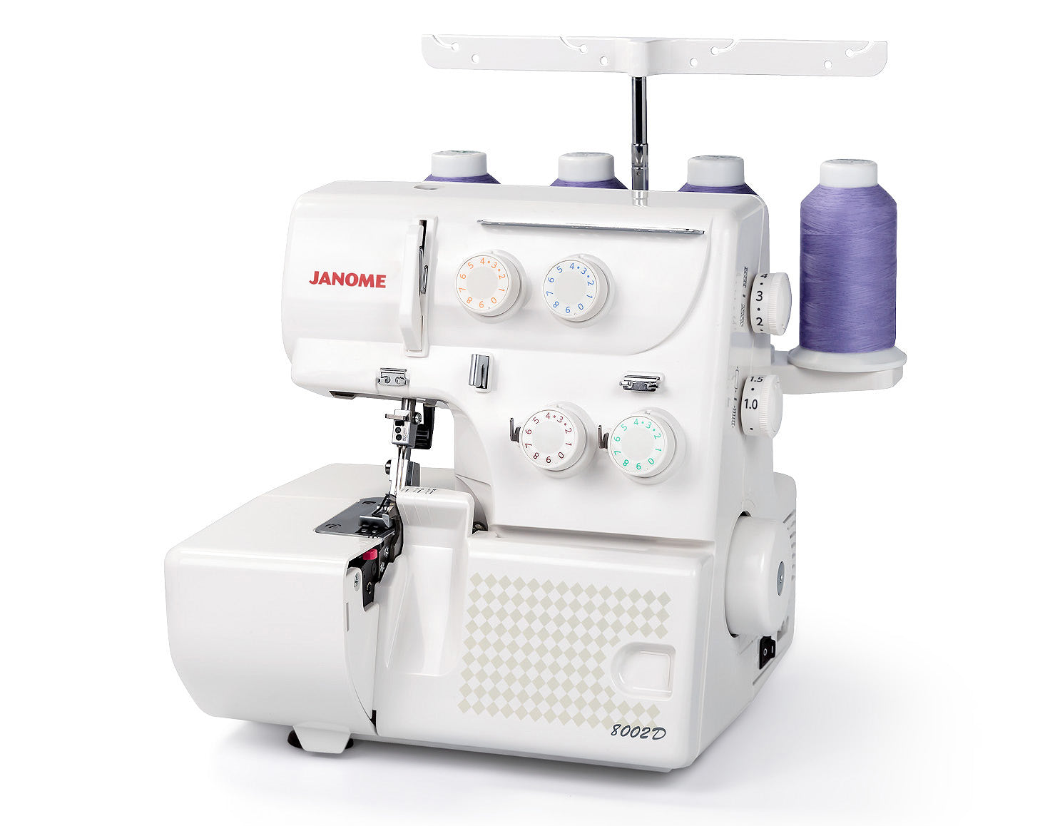 Machine à coudre Surjeteuse Janome 8002D – Une surjeteuse polyvalente à 3/4 fils, conçue pour des finitions professionnelles sur tous types de tissus. Équipée d'un différentiel réglable et d'un enfilage simplifié, elle permet des coutures nettes et durables.