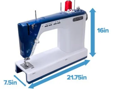 Machine à coudre et à quilter Little Rebel avec des dimensions de 16 pouces en hauteur, 7,5 pouces en largeur et 21,75 pouces en longueur, offrant un espace généreux pour les projets de couture.