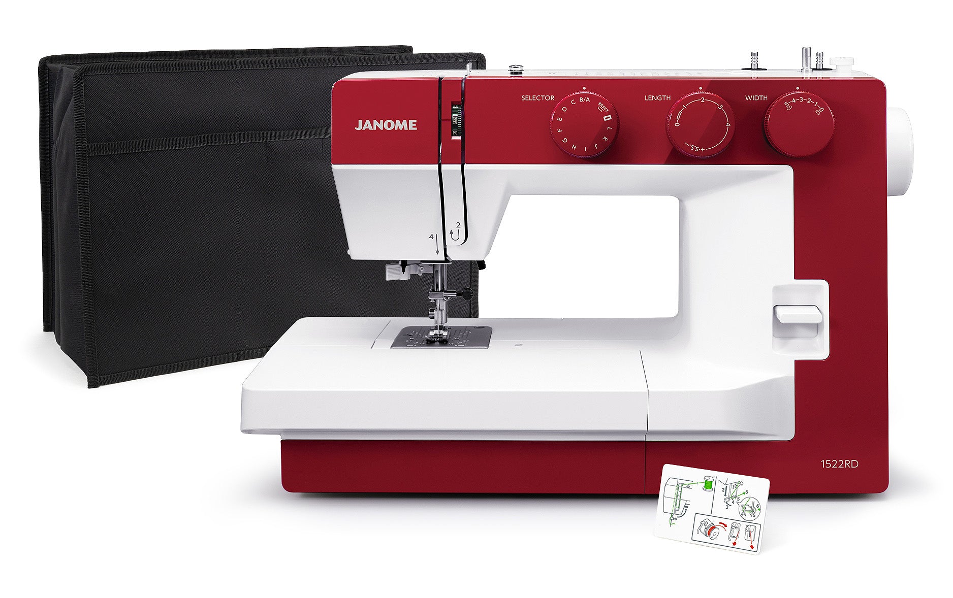 Machine à coudre mécanique Janome 1522RD accompagnée d'une housse de protection noire et d’une carte d’instructions pour une prise en main facile.