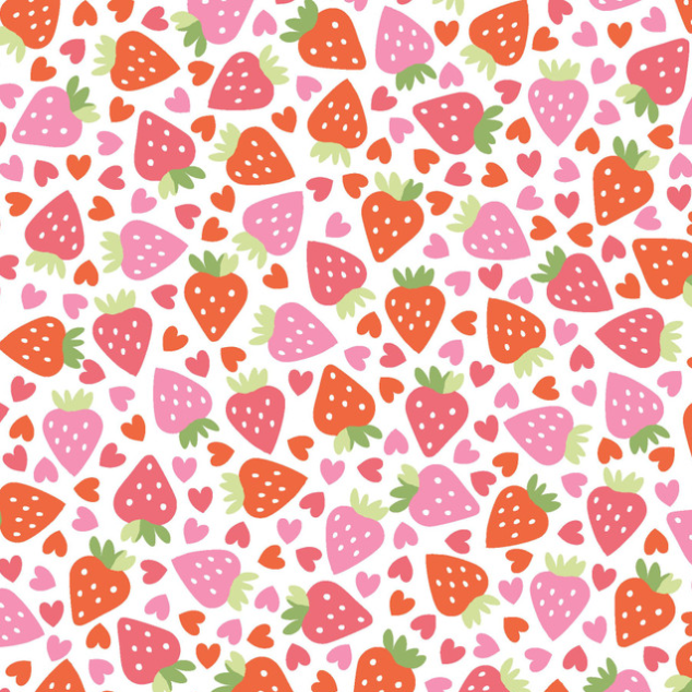 Kimberbell tissus Sweet Shoppe Fraises et coeurs fond blanc