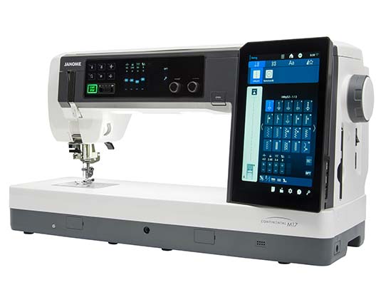 Janome Continental M17 – vue angulaire de la machine à coudre haut de gamme.
