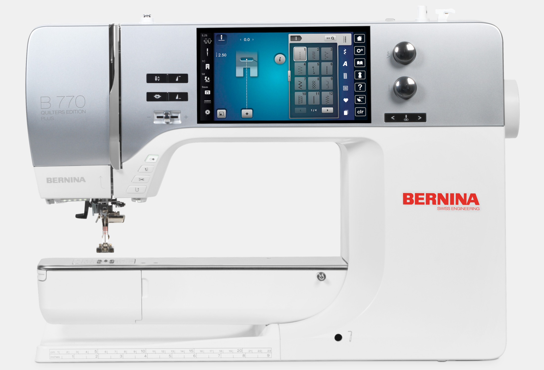Machine à coudre Bernina 770 QE PLUS – Machine à coudre, quilter et broder électronique avec écran tactile, offrant un contrôle précis des points et un large espace de travail.