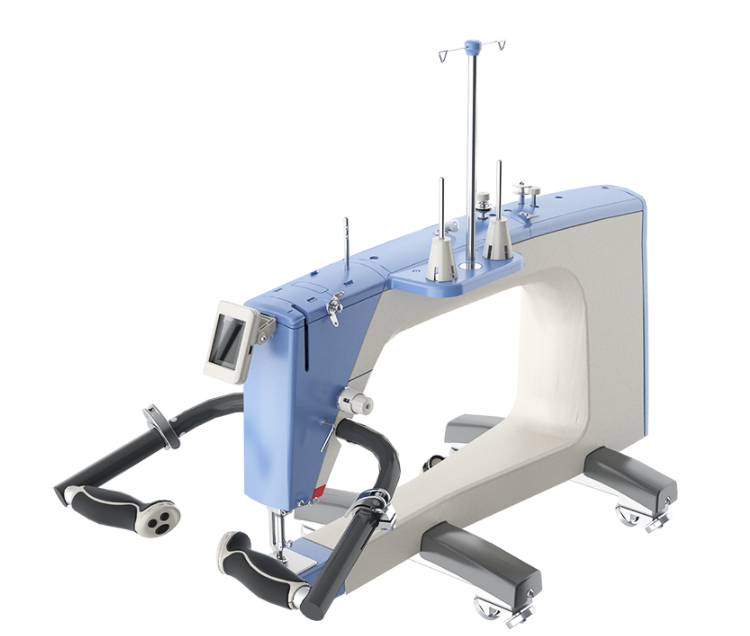 Machine à quilter Q'nique 19, avec un design moderne bleu et blanc, équipée de poignées ergonomiques et d'un écran de contrôle latéral, idéale pour le quilting longue portée.