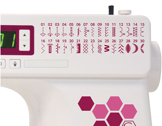 Sélection de points de couture de la machine Janome C30 – 30 motifs de points décoratifs et utilitaires visibles sur la coque.