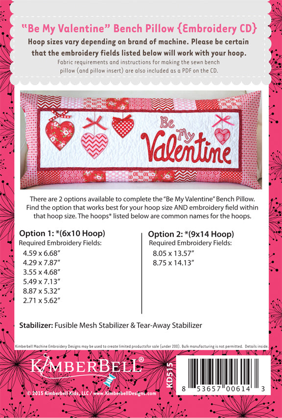 Oreiller de banc - "Be My Valentine Bench Pillow" / Ensemble prêt à broder