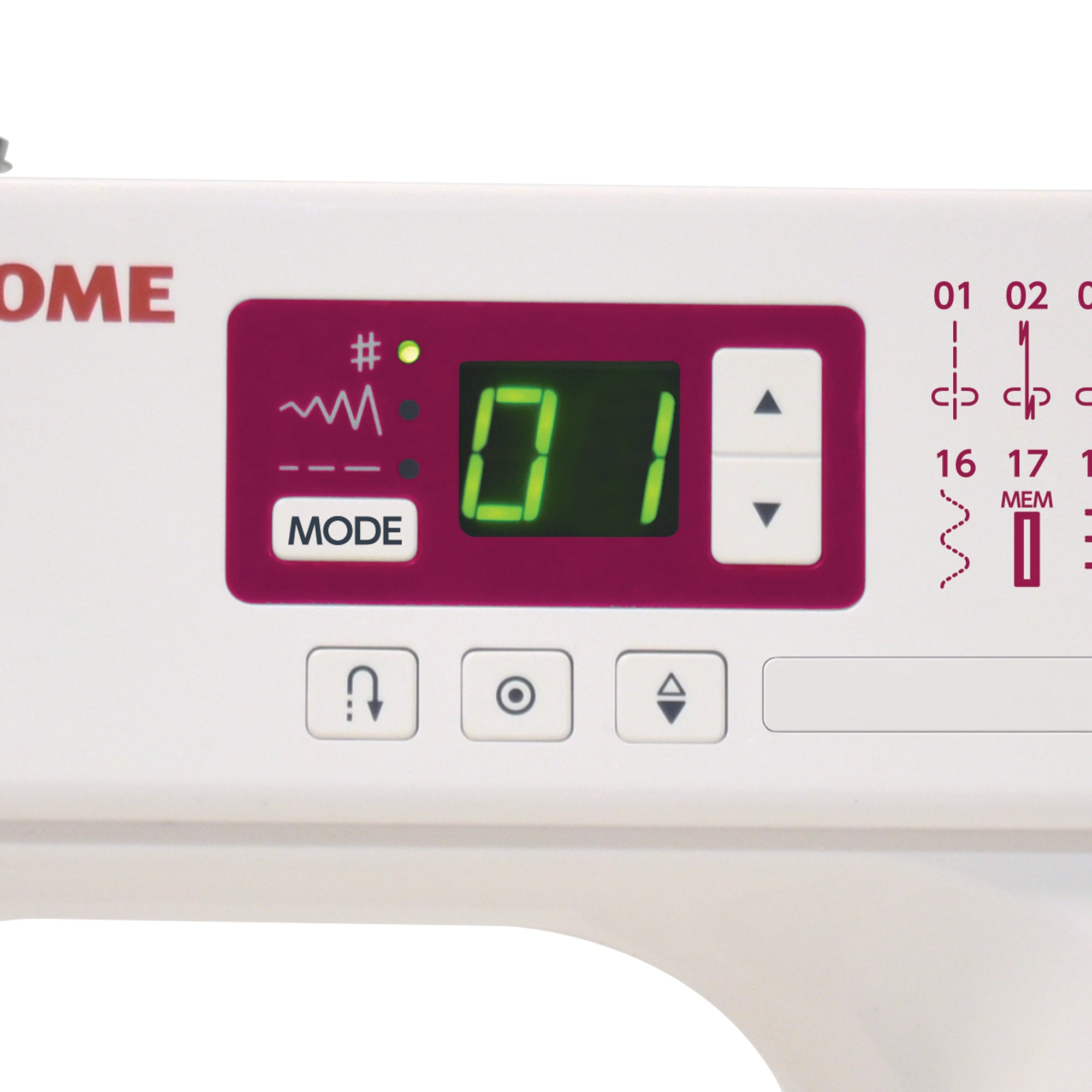 Écran LED de la machine à coudre Janome C30 – affichage du point sélectionné avec boutons de réglage et mode de couture.
